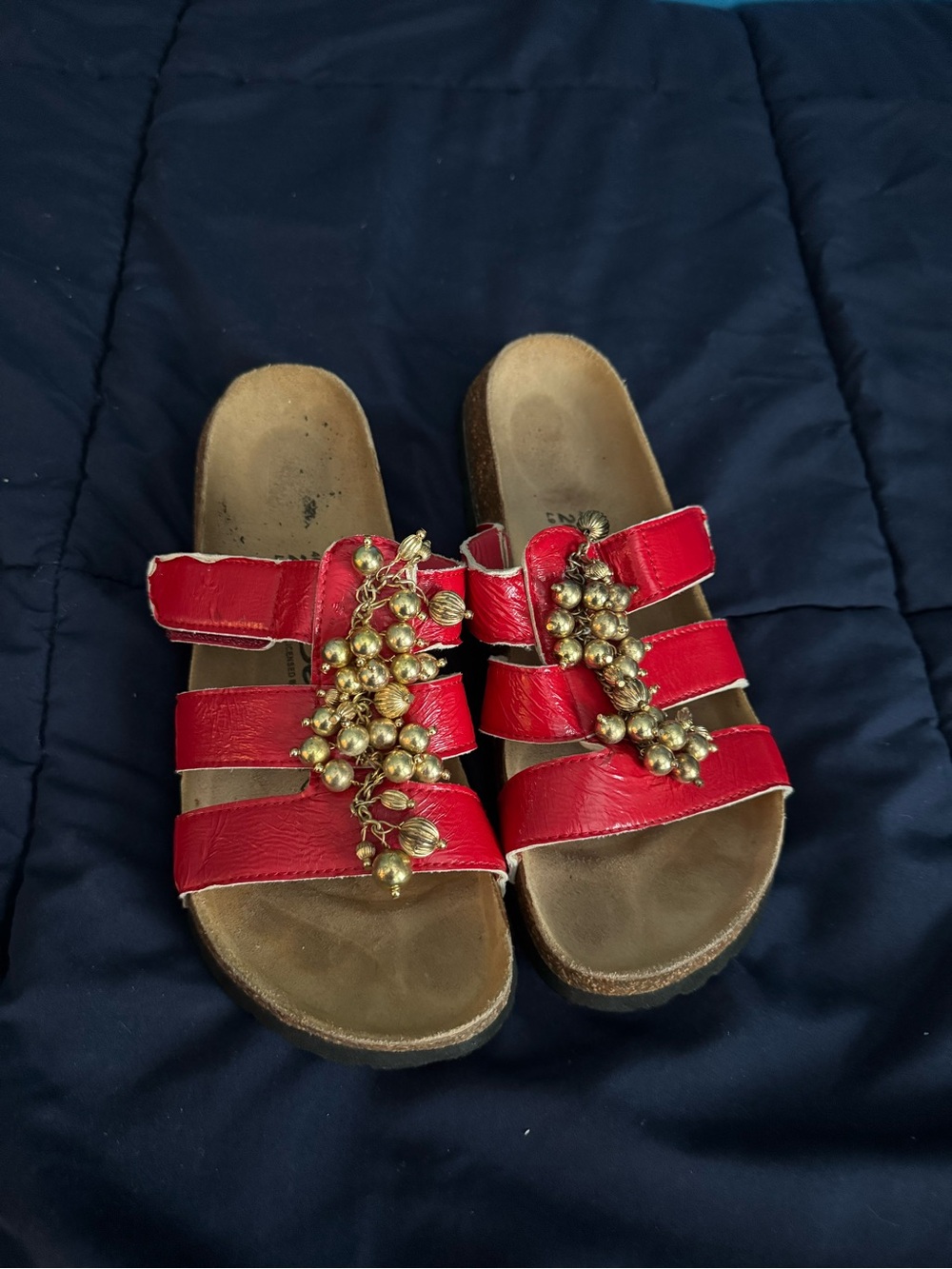 Birkenstock Red Triple-Strap Sandals with Gold Bead Detail